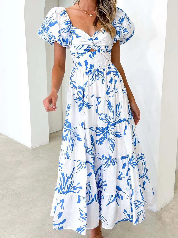 

Beach Long Dress Women Party Off Shoulder Dresses Female Evening Vintage Floral Print Dress Ladies Prom Puff Sleeve Vestidos