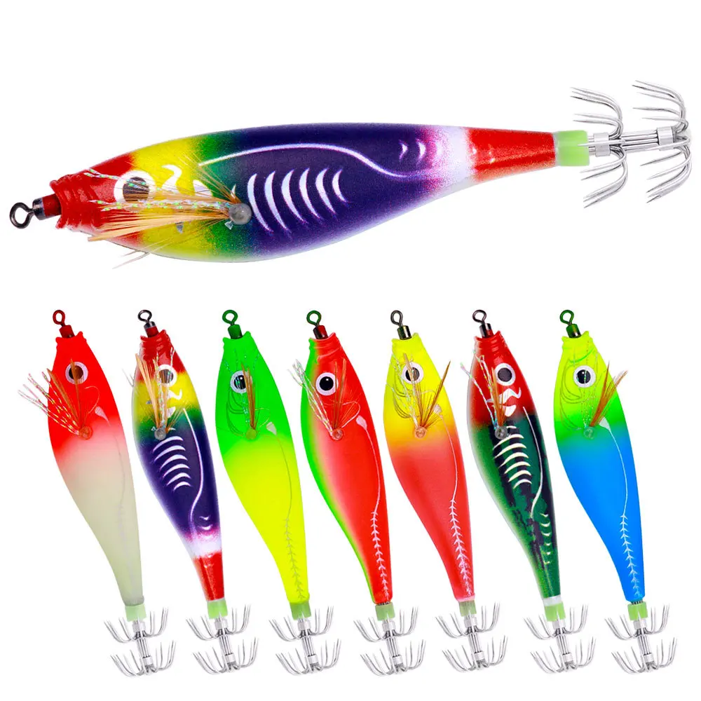 Confezione da 7 esche per gamberetti pesca, esca per gamberetti con testa piombata, esche per calamari coda luminosa esca per gamberetti in legno di acqua salata Jig Laser