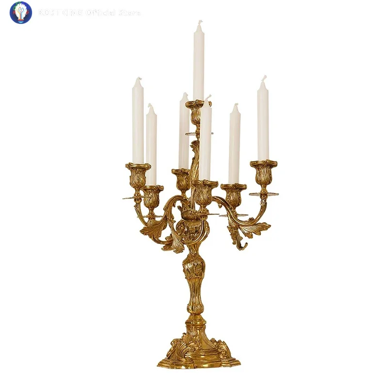 

French Vintage Luxury Brass Decorative Candlestick European Candle Villa Living Dining Room Dewaxing Copper Craft