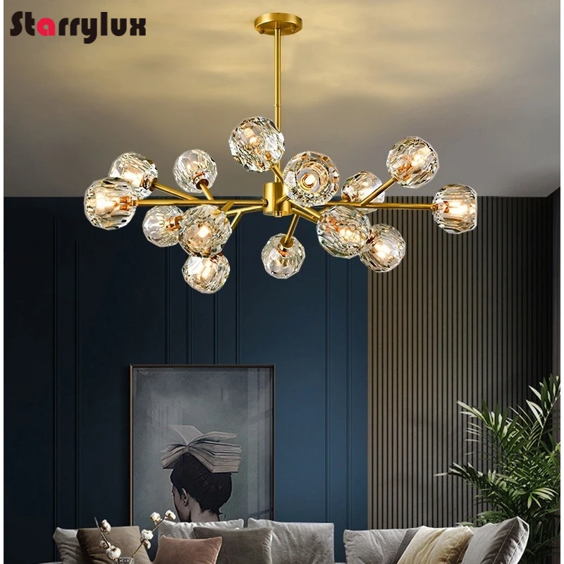 Nordic Brass Molecular Chandelier Modern Crystal Luxury Ceiling Light Adjustable Pendant Lamp for Living Room