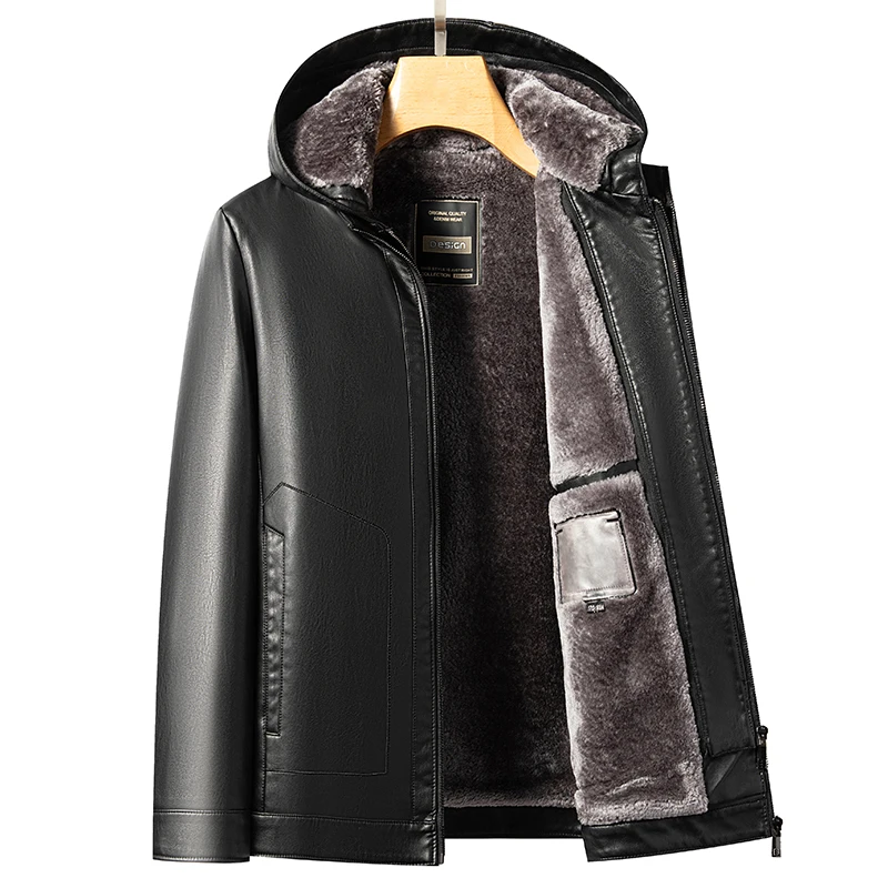 2025 winter men's Jacket hooded fur Black/Brown men's Faux leather jacket with thickened velvet Warm Winter Coat for Man!
