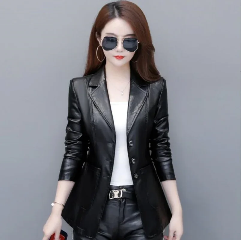 Blazer kulit wanita, mantel pendek kulit domba kecil kerah Slim pinggang, jas klasik mode musim semi musim gugur