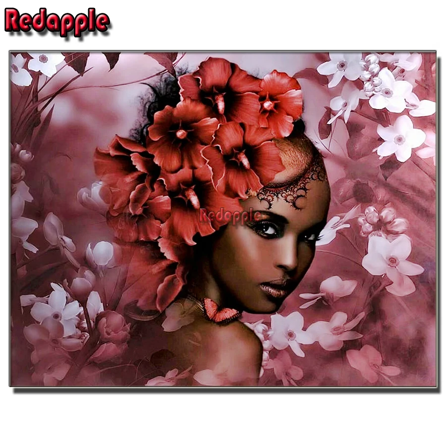 5D DIY Diamond Embroidery Painting Kit, Red Flower, Hair Girl Kit, Full Square and Round, African Woman Pattern, Art Decoration,