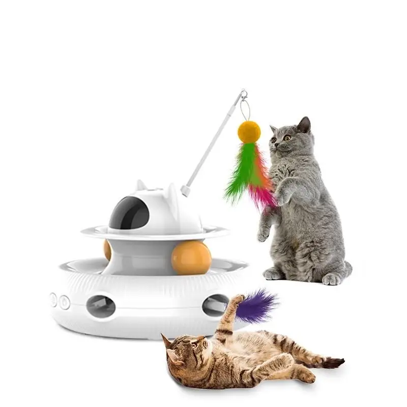 Interactive 4-in-1 Cat Toy Rechargeable Feather Stick Laser Trackball Retractable Feather Popular Indoor Toys For Cats