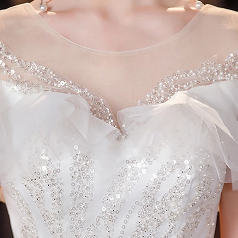 Robe de mariée personnalisée, col rond, manches courtes, paillettes, Tulle blanc, grande taille, longueur au sol, robe de mariée pour femmes