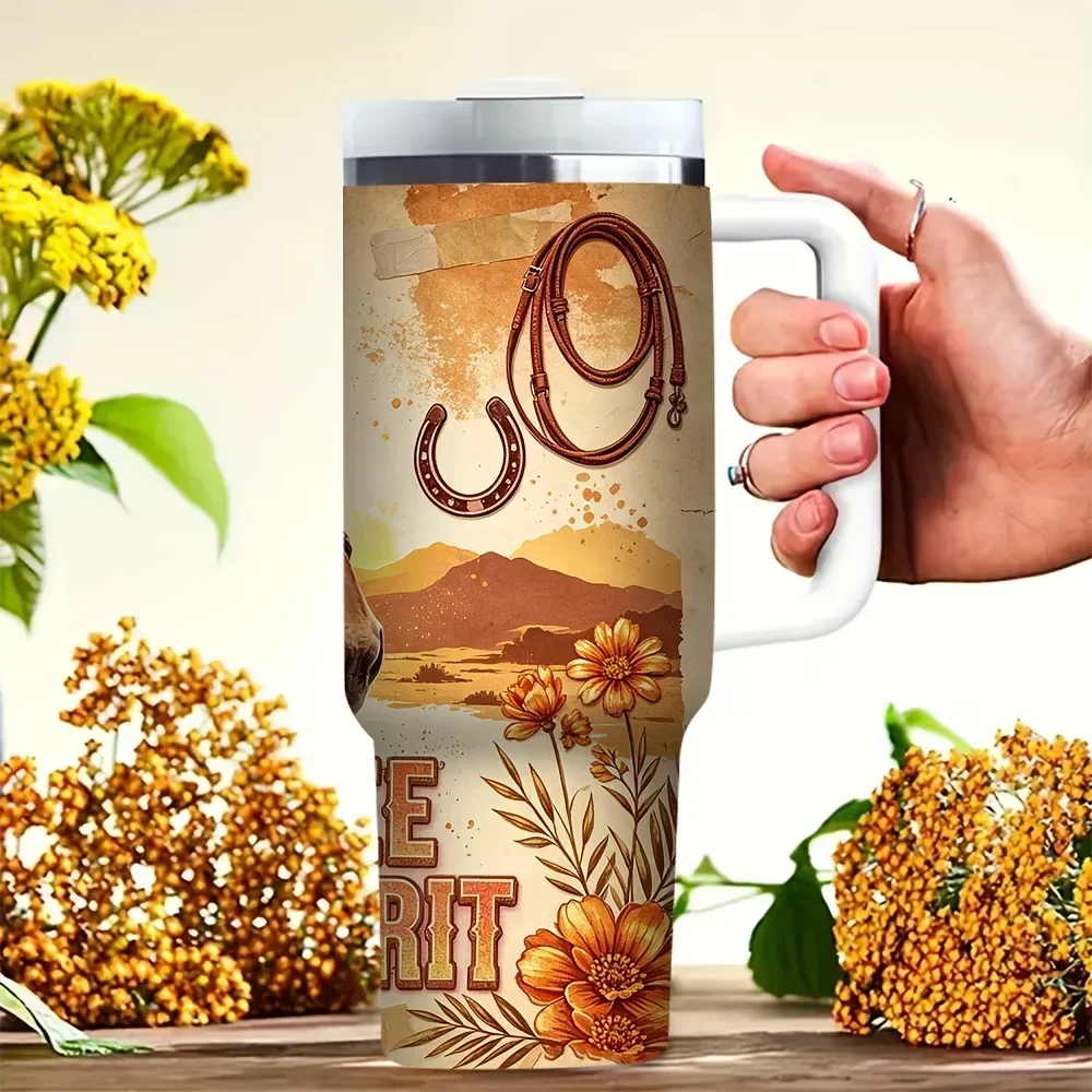 Vintage Western Style 40Oz Tumbler with Handle, Horse Saddle Lasso Print Cup for Equestrian Enthusiasts, Suitable for Hot And Cold Drinks, Ideal for Daily Home Use And Outdoor Travel Leisure Activities