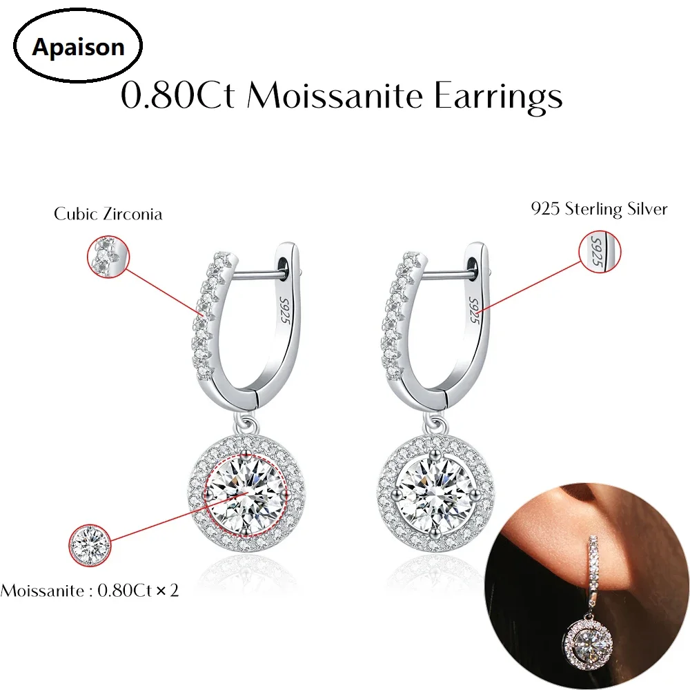 

Apaison 6 mm 0.8 ct Moissanite Drop Earrings 925 Sterling Silver Dangle Earrings For Women Wedding Engagement Jewelry Gift