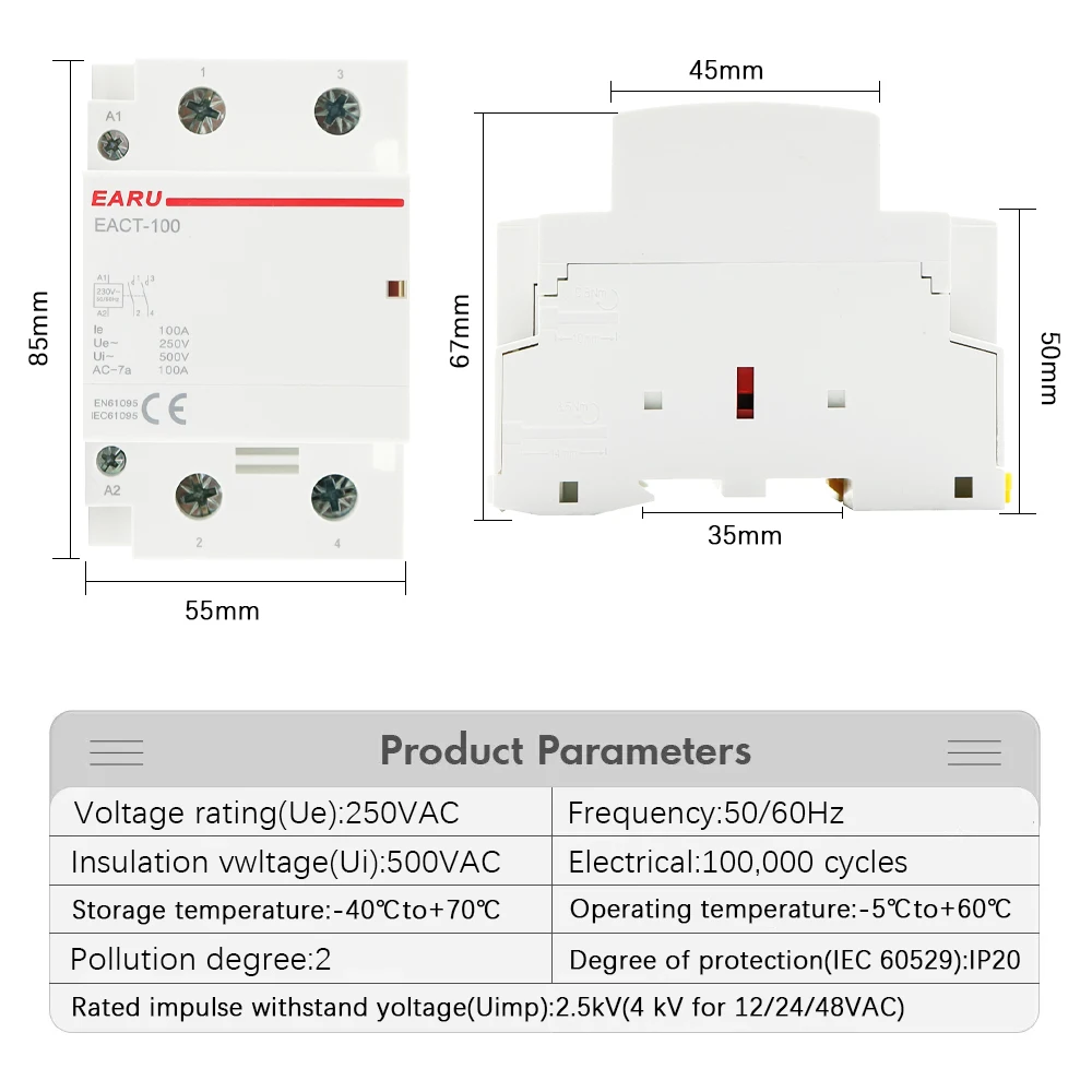 2P 100A AC 110V 220V 50/60Hz Din Rail Household AC Modular Contactor Switch Controller 2NO 2NC 1NO1NC DIY Smart Home House Hotel