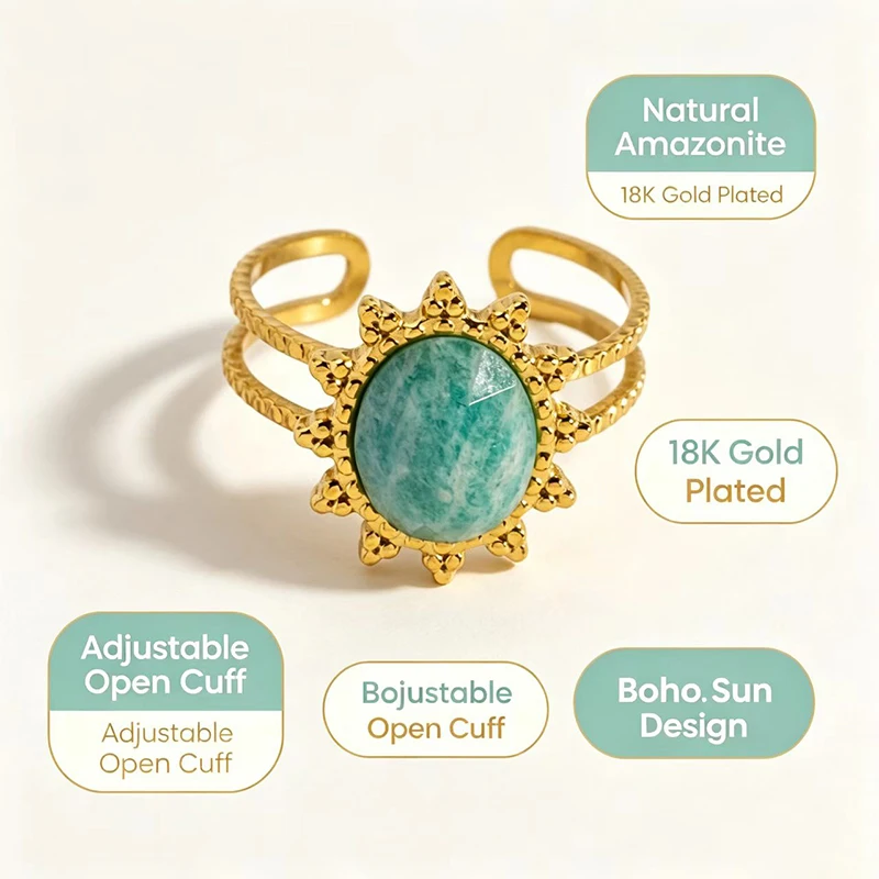 Natural Boho Sun Amazonite/Amethyst Open Cuff Ring Natural Oval Double Band Adjustable Statement Ring Women Vintage Jewelry Gift