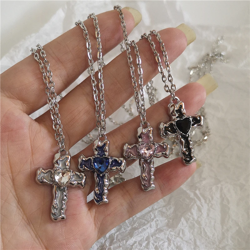 Trendy Vintage Punk Black Pink Blue Transparent Cross Pendant Chain Necklace For Women Men Y2k Cool Neck Jewelry EMO Accessorie