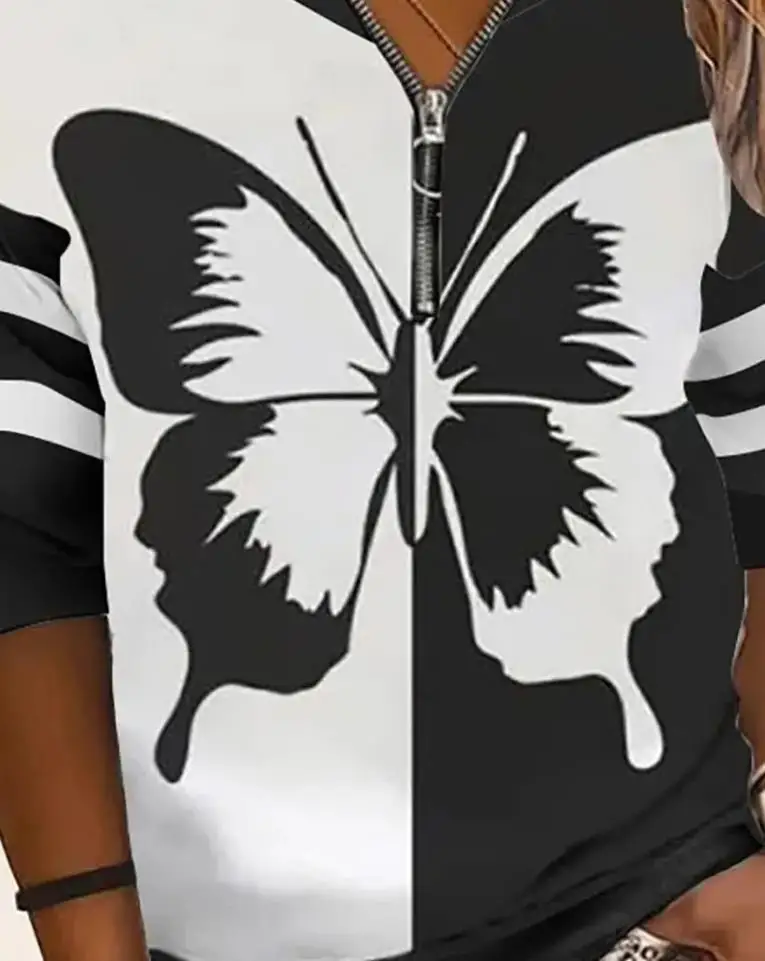 Damska bluza rozpinana z nadrukiem motyli, blokami kolorów i paskowanymi rękawami, stylowa, codzienna bluzka.
