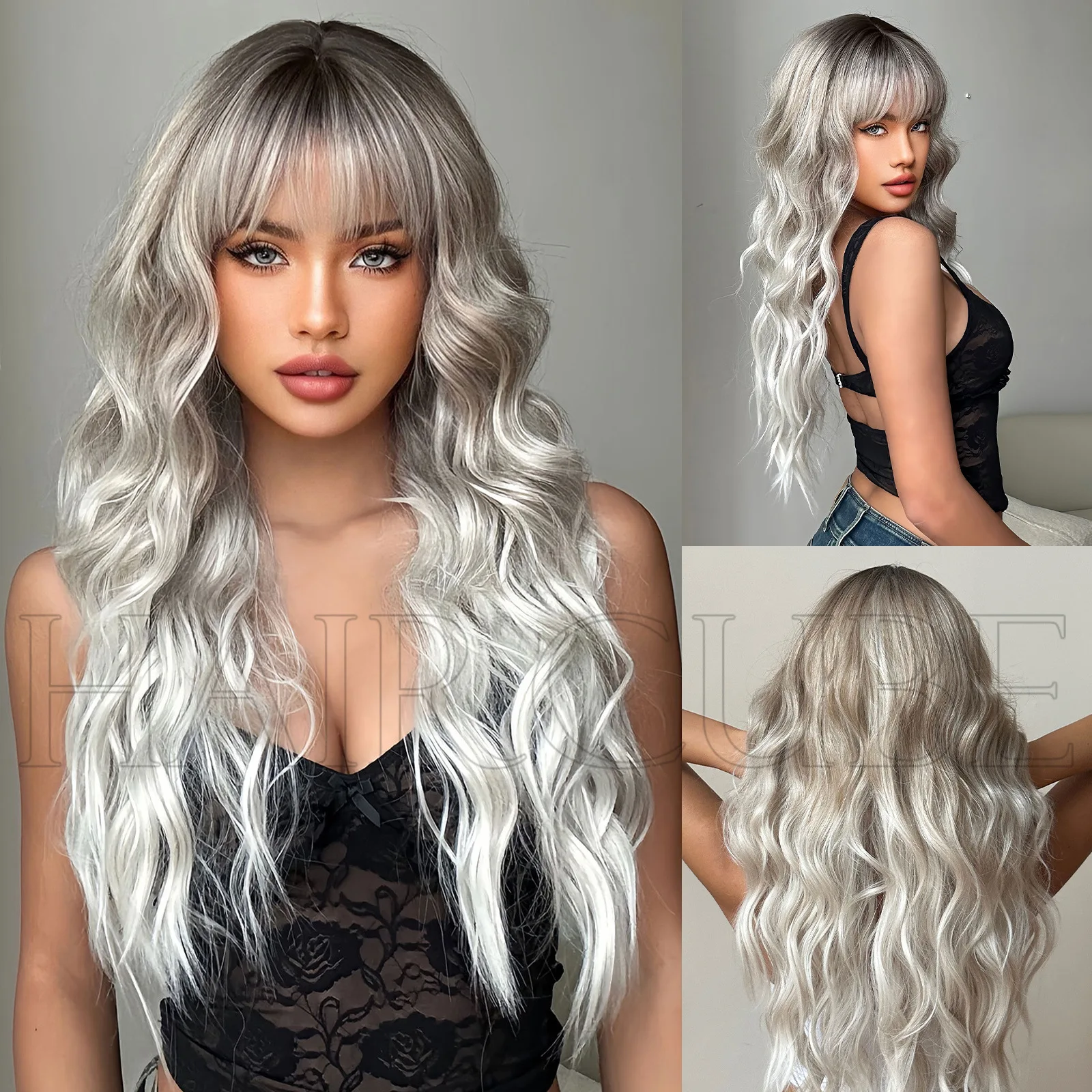 

New wig Headgear Brown gradual change Platinum Qi bangs wavy long curly wig