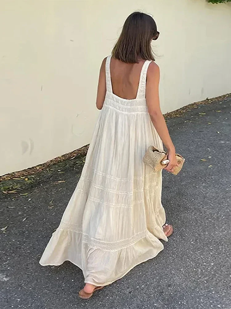 Sexy Backless Long Dress Women Elegant Square Collar Ruffle Loose Female Dresses 2024 Summer Holidays Beach Patrty Lady Robe