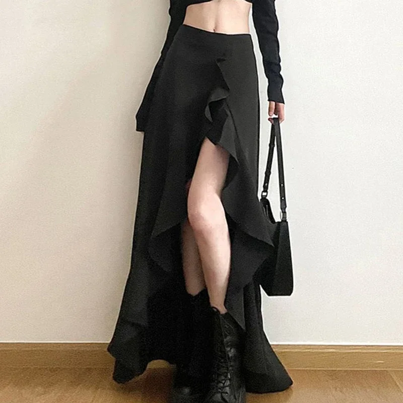 

New irregular split high waist Joker thin black casual big skirt French fashion irregular temperament long skirt female summer
