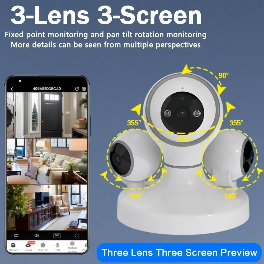 12MP WiFi Surveillance Smart Home Baby Monitor Camera Three Lens Three Screens Indoor Wireless 360° HD Video Security IP Cameras