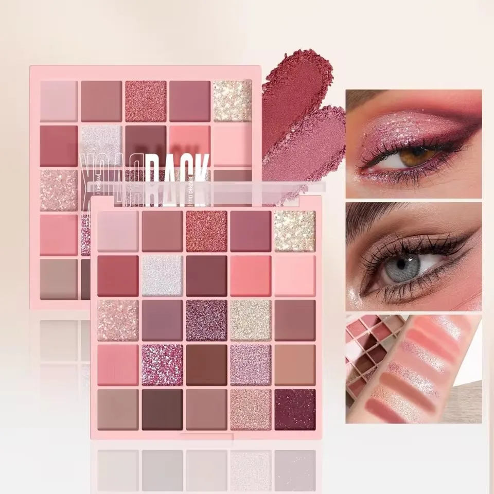 Paleta de sombras de ojos de 25 colores, tonos gris cemento, rosa y marrón, acabado mate y brillante, para maquillaje diario, sombra de ojos rosa seco para música