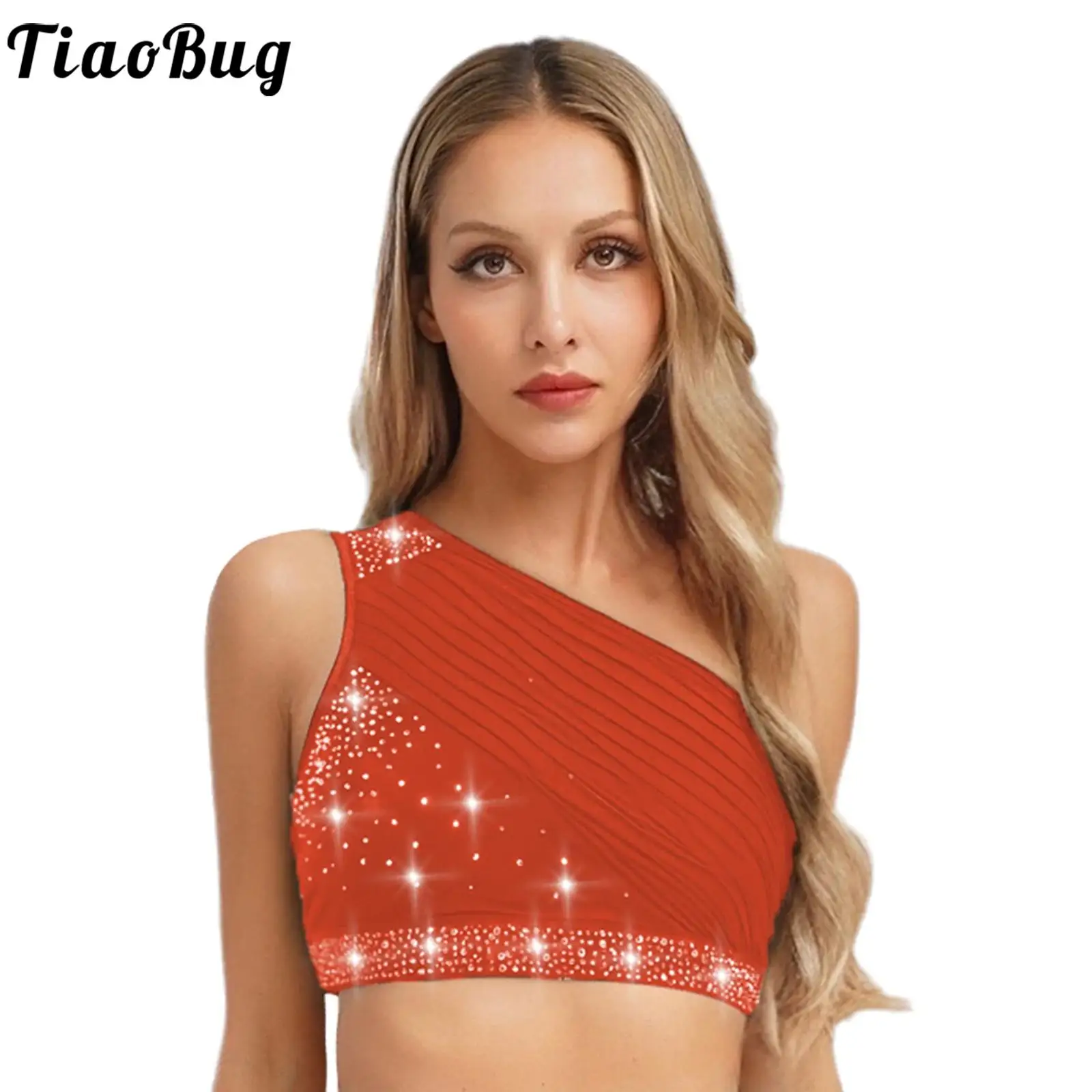 

Women Figure Skating Gymnastic Dance Costumes Crop Top One Shoulder Rhinestones Overlay Vest for Modern Ballet Latin Belly Wear