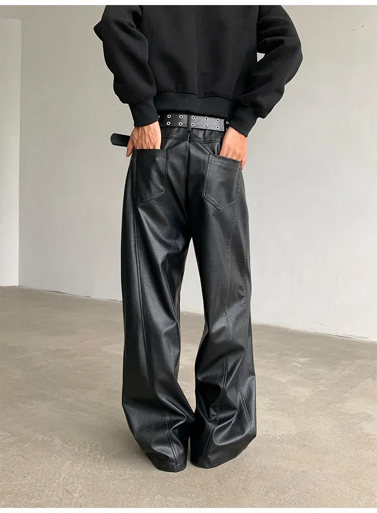 PU Leather Pants men Straight 2025new Spring Men\'s Punk Fashion Hip Hip Men Wide-leg Mopping Trousers Windproof Dark Brown/Black