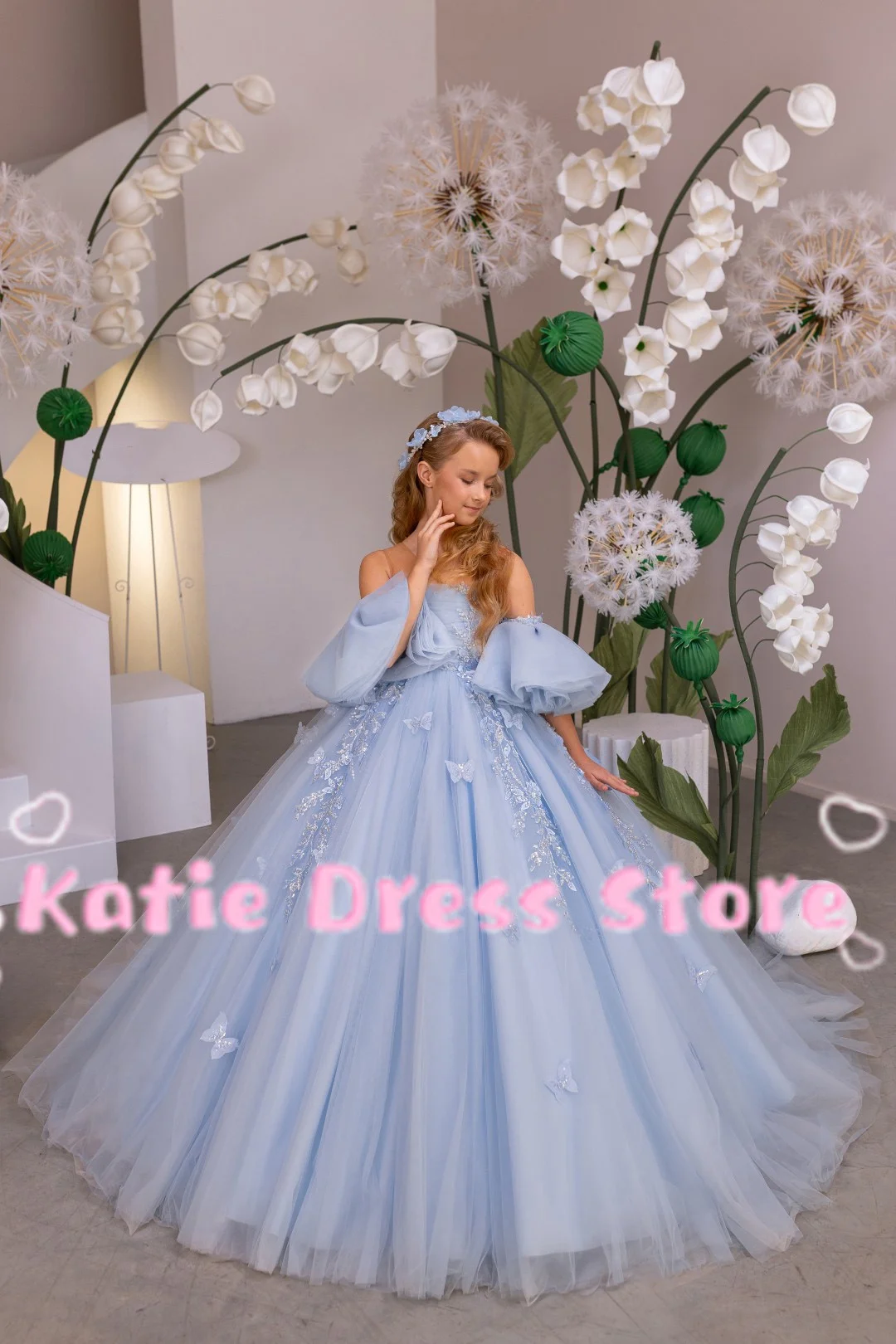 Sky Blue Flower Girl Dress For Wedding Tulle Applique Sequins Kids Birthday Party First Communion Ball Gowns Customized