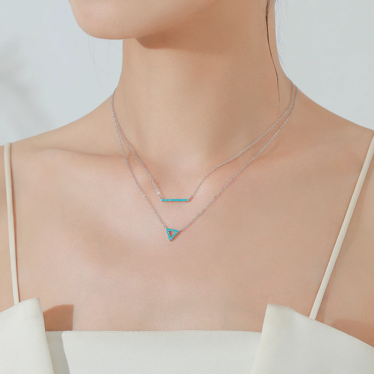 Ailmay 925 Sterling Silver Triangle Pendant Necklace For Women Simple Tiny Turquoise Chain Christmas Gift Aesthetic Jewellry