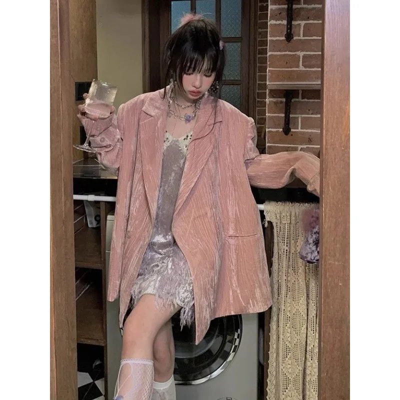 

Women's Blazers Velvet Design High-end Suit Jacket Spring Autumn New Loose Fit Casual Suit Black Pink Blazer Women Button Tops