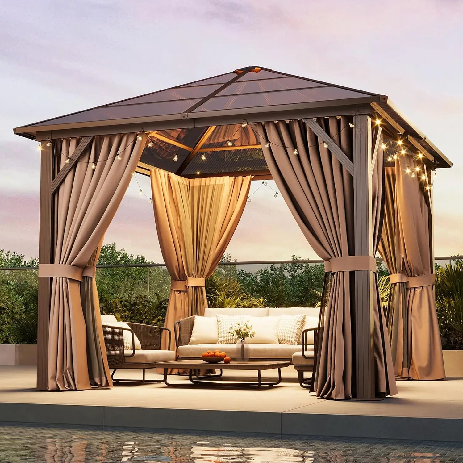 10x10ft Outdoor Gazebo Hardtop Polycarbonate Roof Metal Frame Mosquito Net Privacy Curtains Garden Patio, Customized
