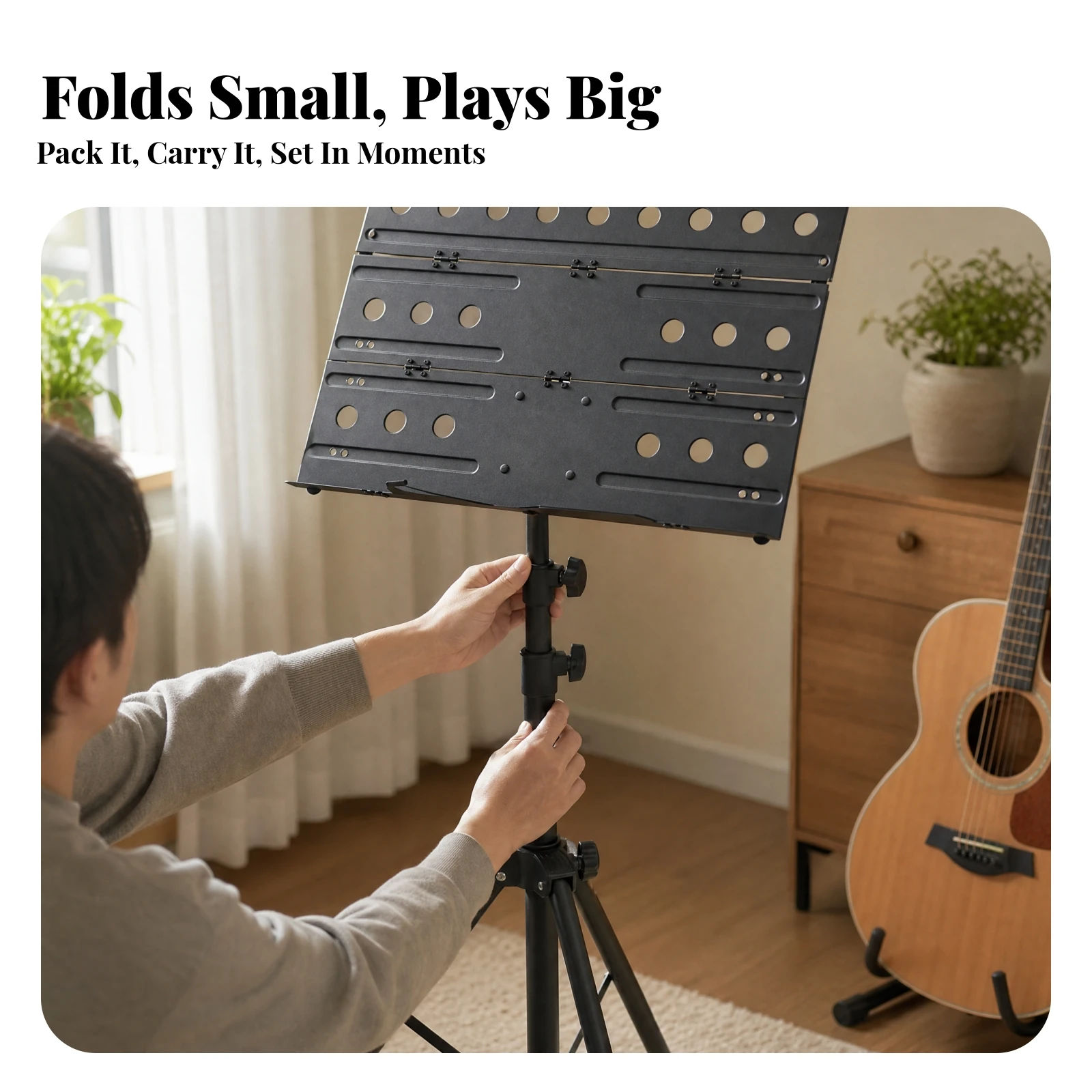 Iron Music Stand with Three-Panel Rest Folding Adjustable Music Stand with Tripod Base Foldable Stable for Musicians, Rehearsals