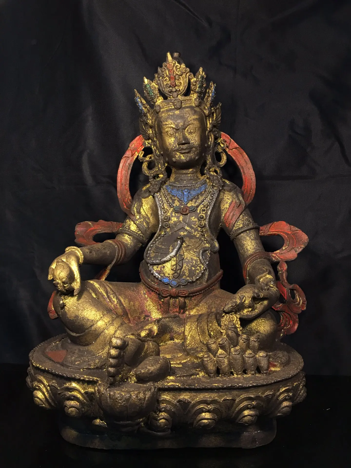 

18"Tibetan Temple Collection Old Bronze Cinnabar Mud gold Yellow Jambhala Buddha Lotus stage Worship Hall Town House Exorcism