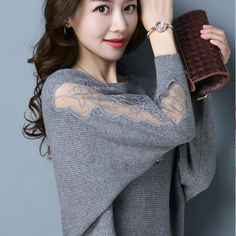 Autumn Bottoming Shirt Office Lady Patchwork Solid Color Slash Neck Batwing Sleeve Pullovers Ladies Elegant Lace Loose Sweater