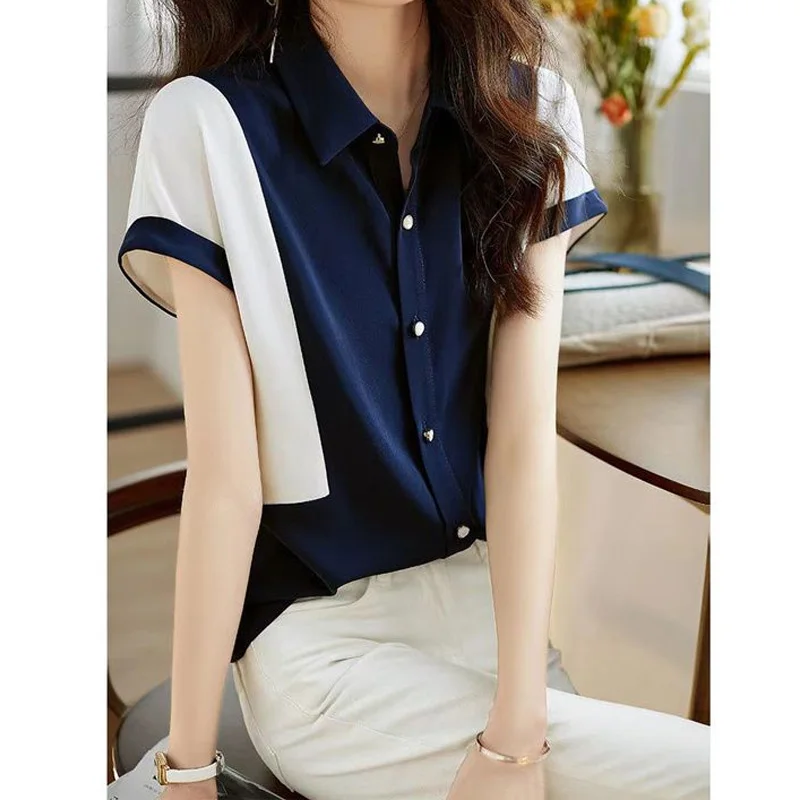 Polo Neck Chiffon Blouse Women\'s Short Sleeve Summer New Patchwork Contrast Loose Office Shirt Tops Fashion Casual Clothing