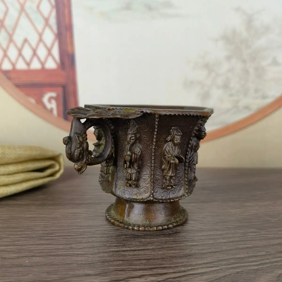 Chinese antiques antique bronze Tang Dynasty music figurines figure pattern octagonal cup wine cup collectibles ornaments