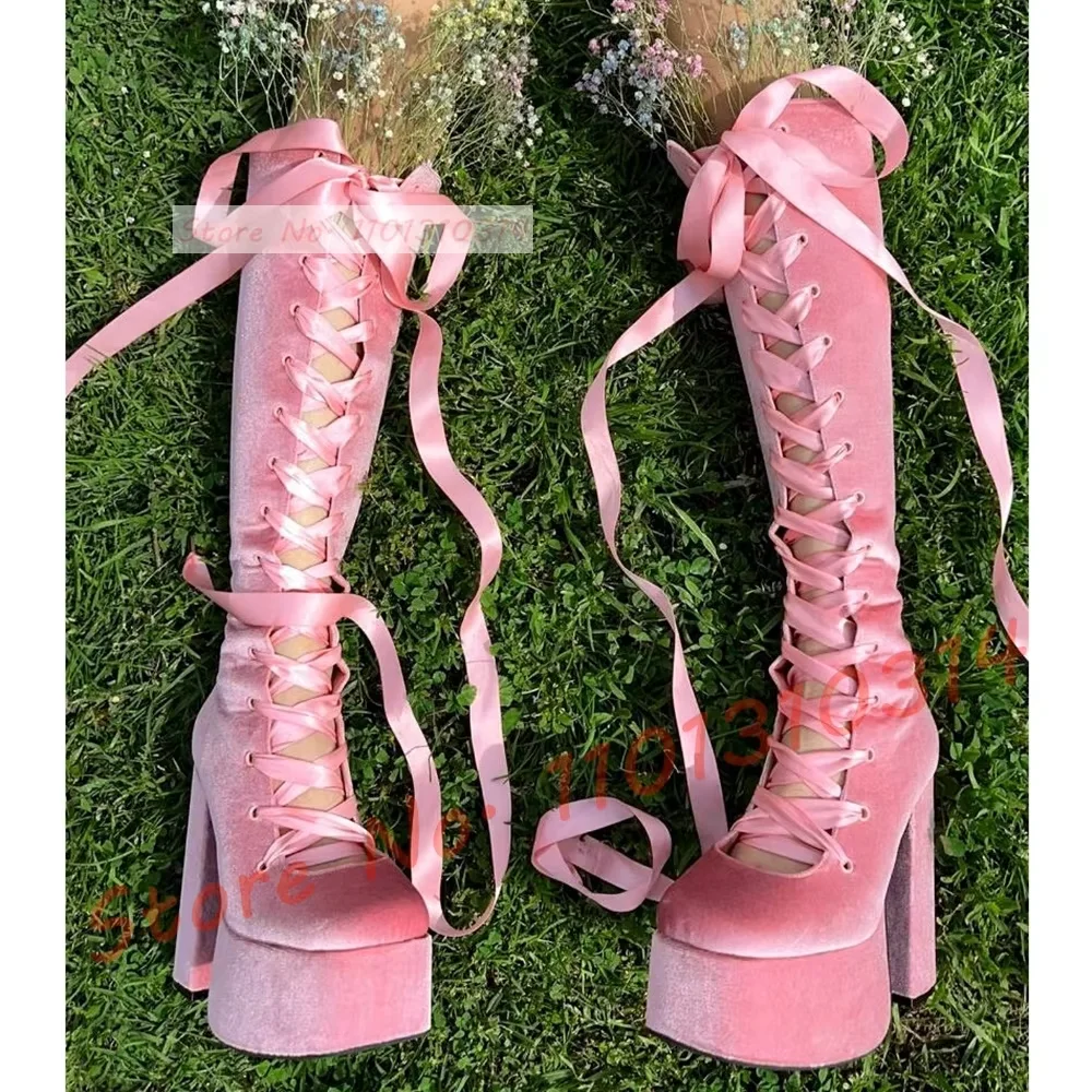 Satin Ribbon Platform Long Boots Women Pink High Block Heels Front Cutouts Suede Shoes Ladies Sweet Party Lace-up Knee High Boot