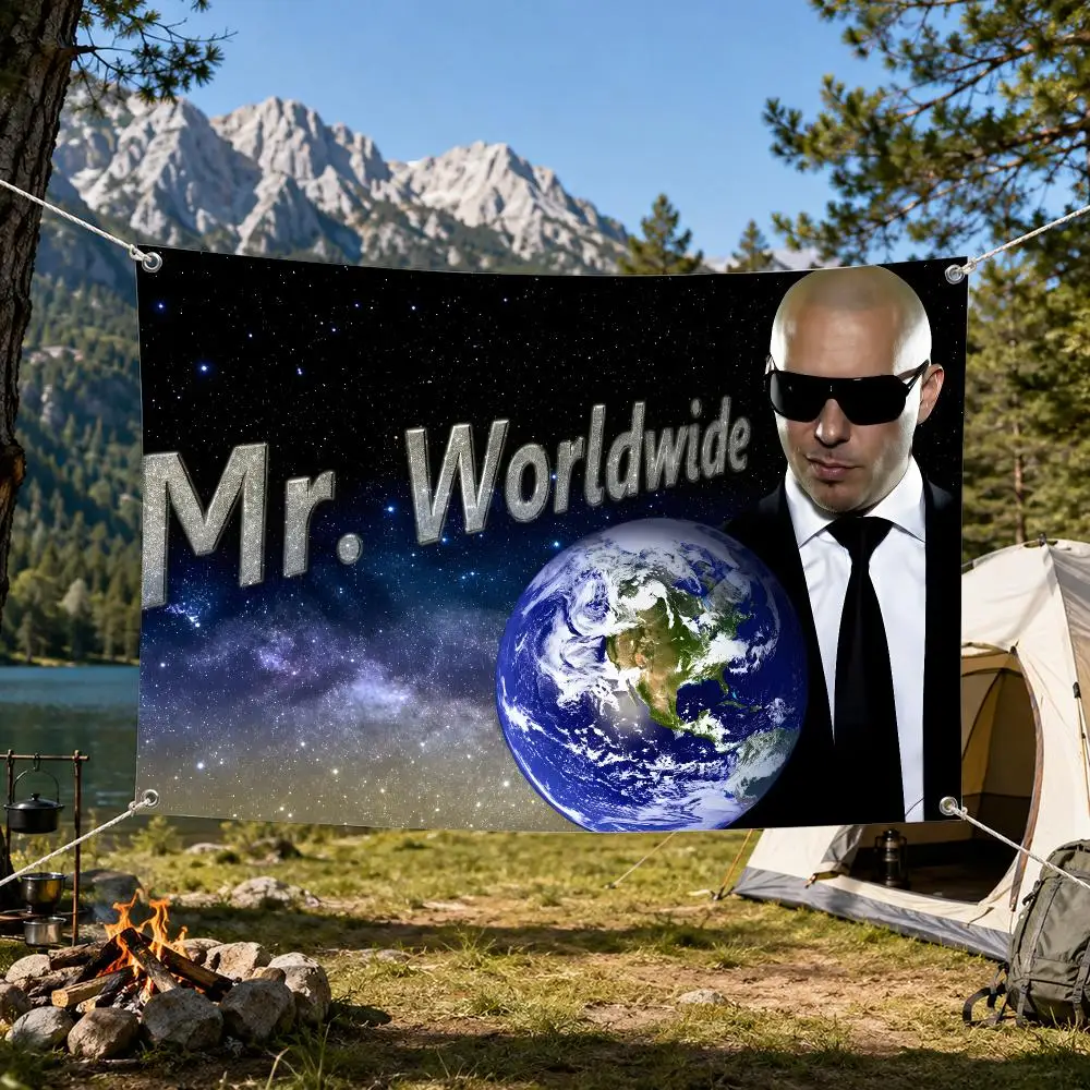 Funny Singer Pitbull Mr. Worldwide Flags Aesthetic Wall Tapestry Printed Wall Hanging Living Room Party Outdoor Decor