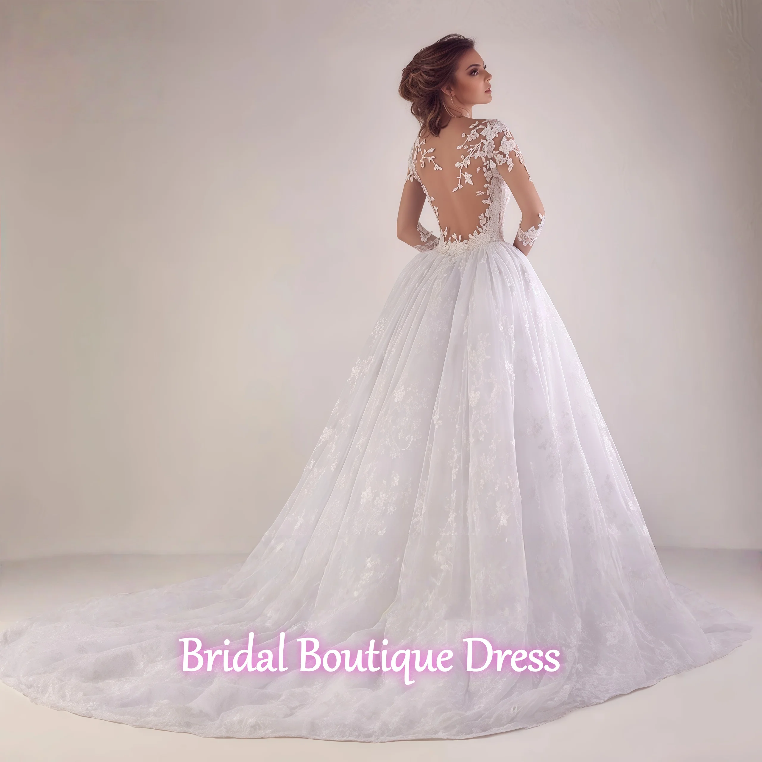 Abiti da sposa personalizzati squisiti con abito da ballo in pizzo a linea A per la sposa Abiti da sposa africani da giardino a maniche lunghe con collo trasparente