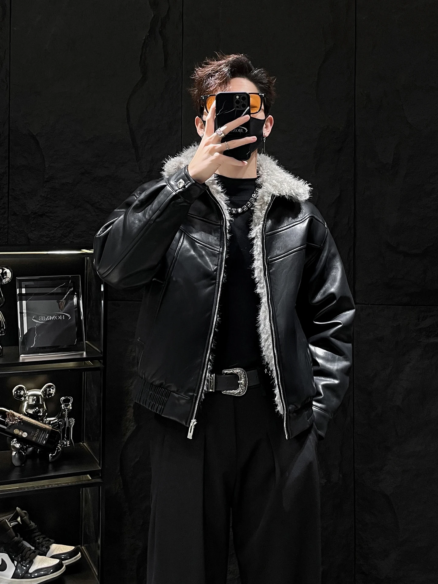 

Loose Fit Men's Leather Jaet Winter Warmth PU Leather Collar Coat Faionable Youth Casual Sle Zipper Closure ort Length