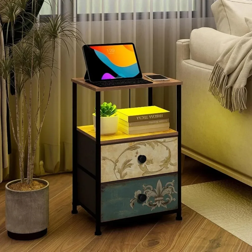 

Nightstand with Charging Station USB Outlet and LED Light End Table Dresser with 2 Fabric Drawers Open Storage Shelf fo