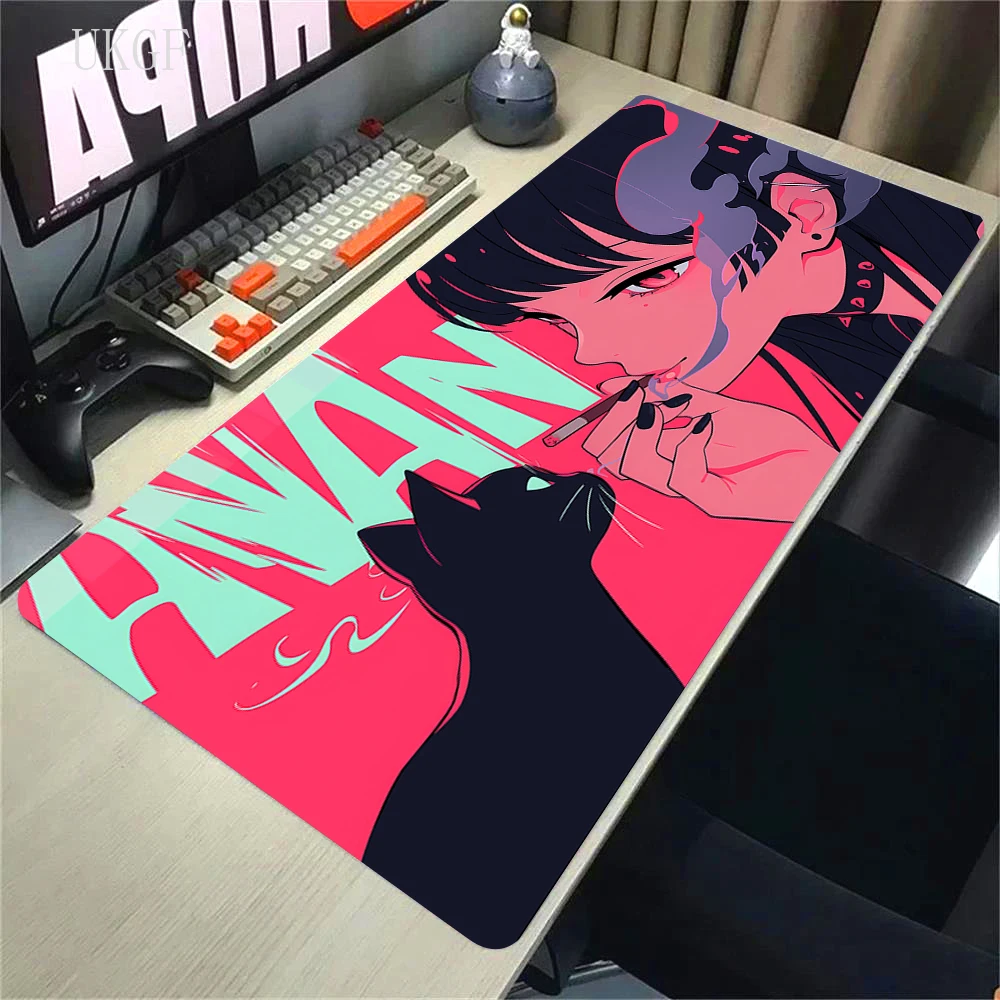Anime Girl And the black cat Gaming Mouse Pad XXL Office Accessories Computer Keyboard Desk Mat Non-Slip Laptop Red Big Mousepad