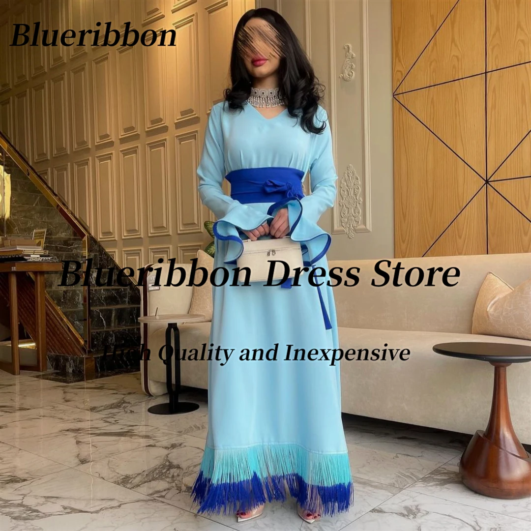 

Blueribbon Saudi Arabia Prom Party Dresses V Neck Sash Long Sleeves Evening Gowns with Tassels Formal Occasion Dress