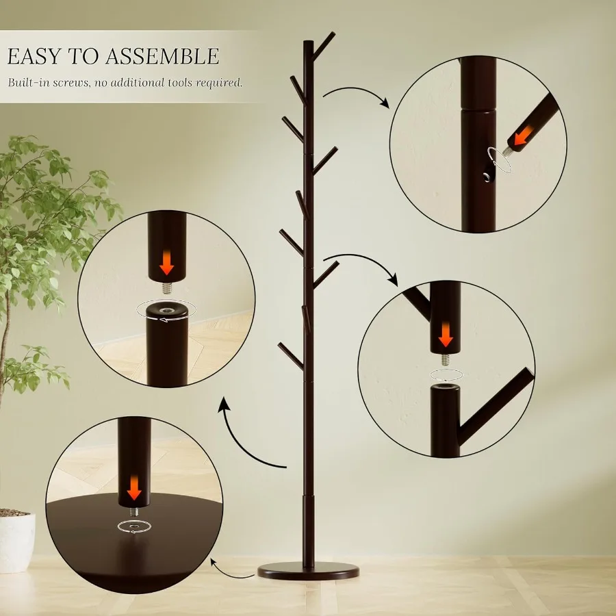 شجرة معطف خشبية قائمة بذاتها مع 4 خيارات للارتفاع و9 خطافات للاستخدام المتعدد في مكتب غرفة النوم أو المساحات الضيقة؛