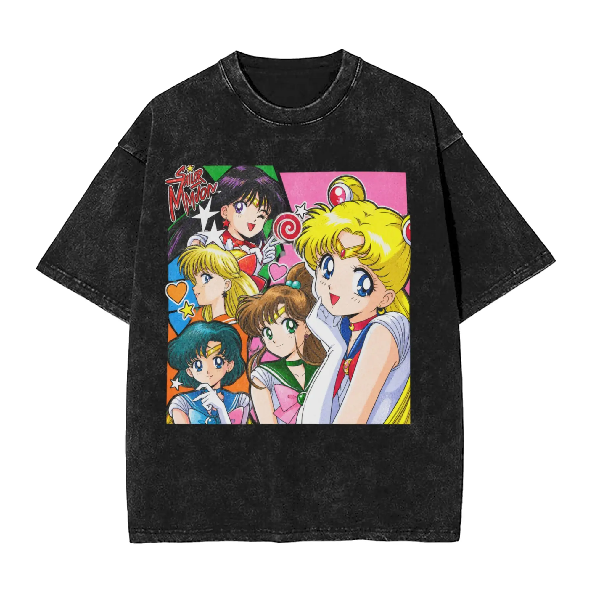 Men's T Shirt Sailors Moons Anime Washed T Shirts Trendy Cool  Summer Tee Shirt Y2K Retro Loose Cotton Tops Gift Idea