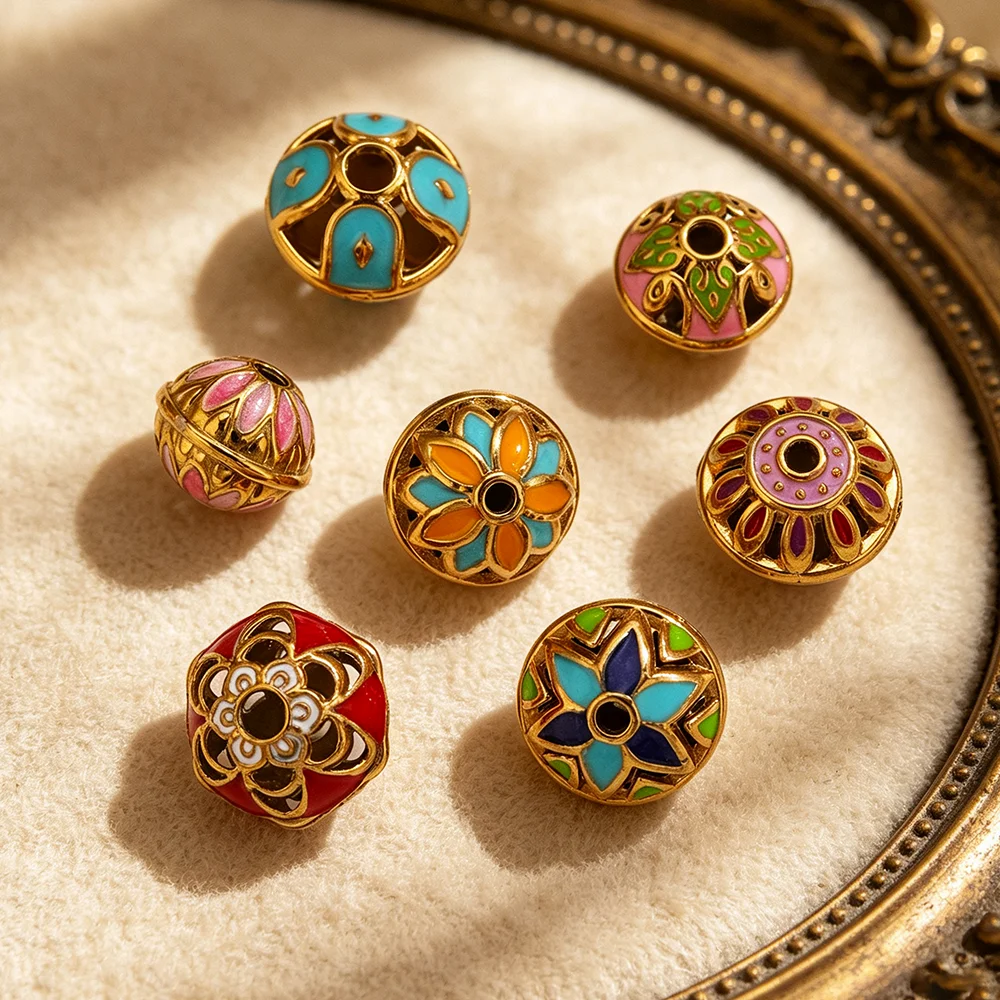 5PCS Stainless Steel Enamel Spacer Beads PVD Gold Mixed Floral Pattern DIY Jewelry Making for Bracelet Necklace Craft Supplies view 6