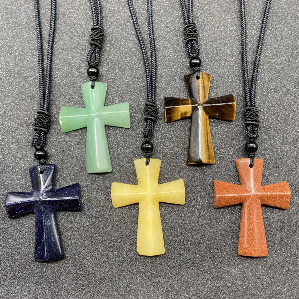 

Natural Stone Agate Cross Rose Quartz Tiger Eye Gemstone Healing Crystals DIY Hanging Decoration