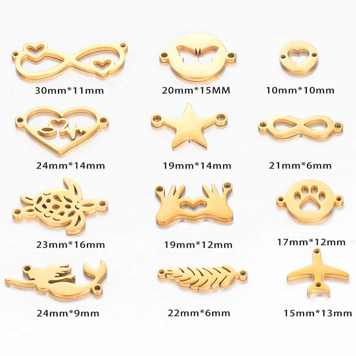 10pcs Stainless Steel Love Heart Mermaid Pentagram Dog Paw Double Hole Pendant for Bracelet Jewelry Making Accessories Supplies