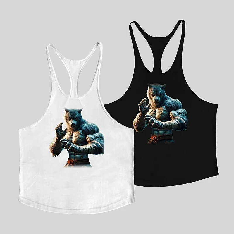 

New Men's Gym Tank Top - Cotton Sleeveless Shirt with Wolf Print, Casual Fitness Stringer Running Vest for Bodybuilding