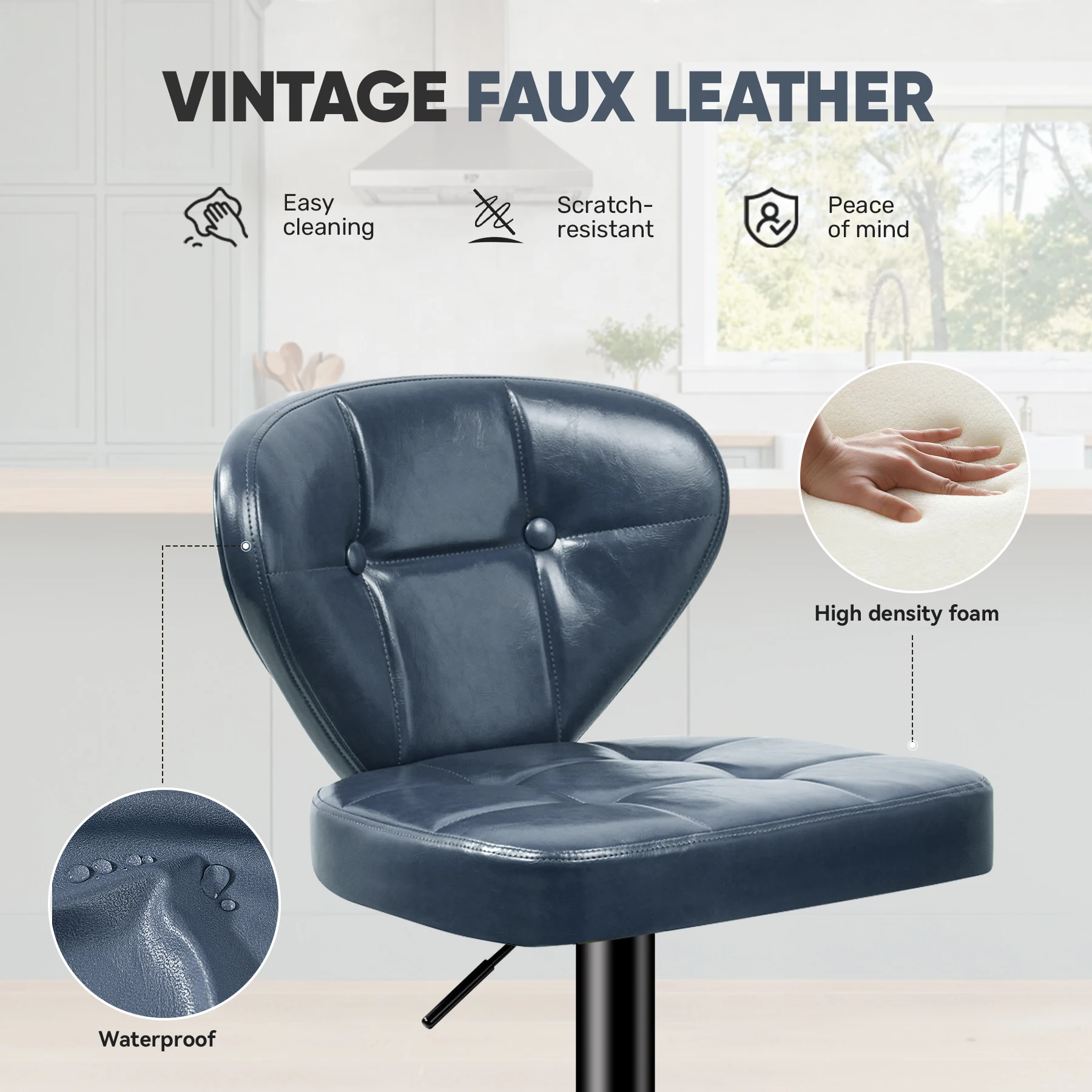 Swivel Bar Stools Set of 2, Adjustable Pu Leather Barstools，Counter Height Bar Stools With Back And Footrest, Heavy Duty 200kg