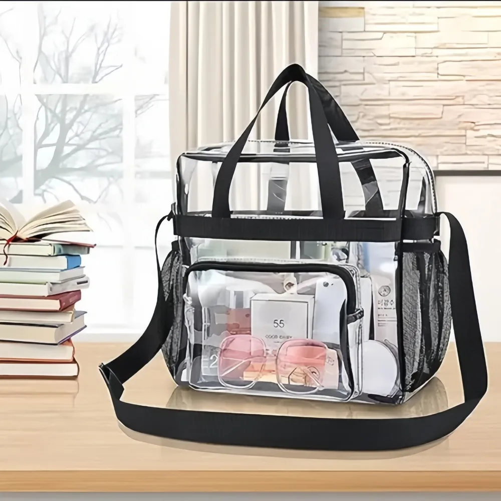 Clear Tote Bag Heavy Duty PVC Transparent Stadium Approved Crossbody Purse with Mesh Pockets for Work Security Concerts Travel