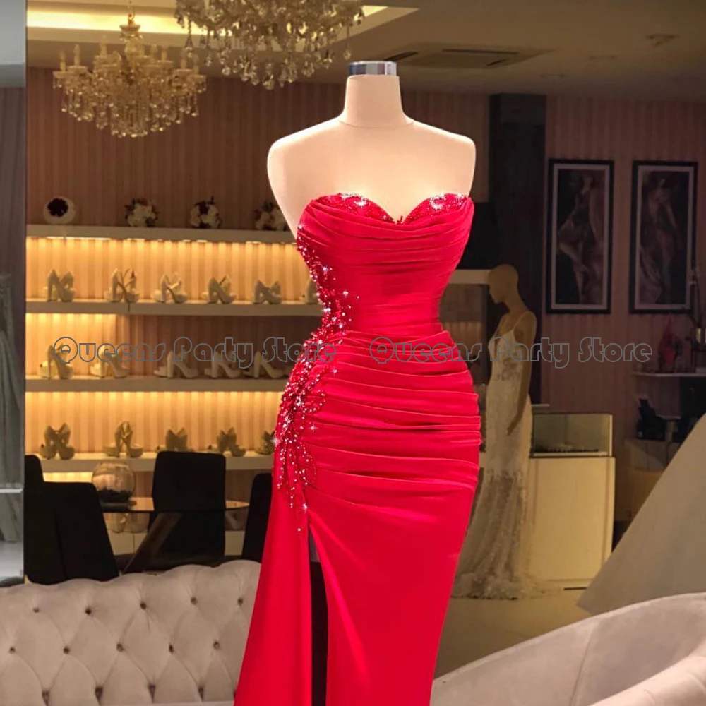 New Red Evening Dress High Slit Sweetheart Sleeveless Beading Pleat Sexy Prom Dresses Sweep Train Celebrity Party Gown 2022