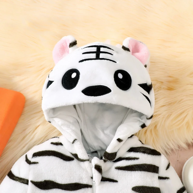 White Tiger Print Hooded Jumpsuit for Baby Boy Girl Black Stripes Fleece Romper Infant Toddler Animal Cosplay Costume Outfit