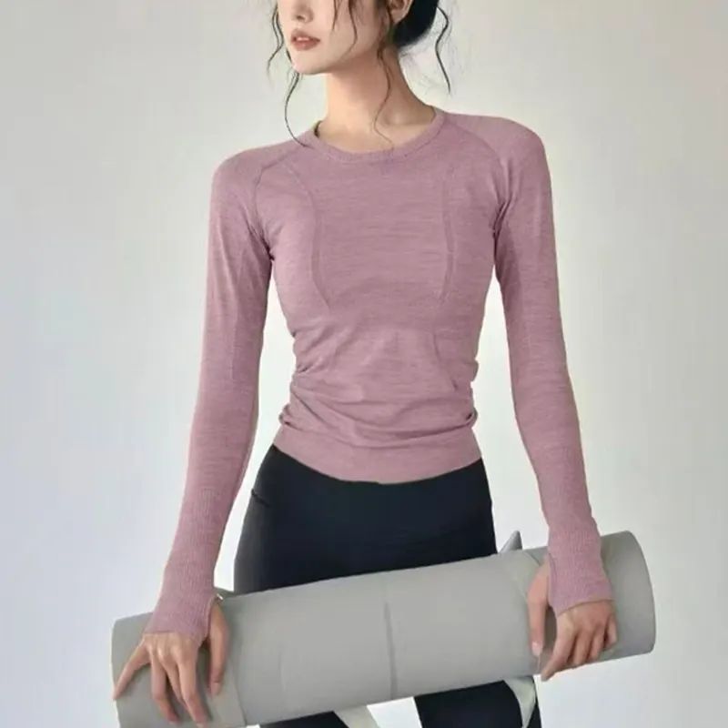 Nahtloses Yoga-T-Shirt für Damen, Sport-Top mit Rundhalsausschnitt, schmal geschnitten, langärmelig, für Laufen, Fitness, Workout, Gym – Detail 30