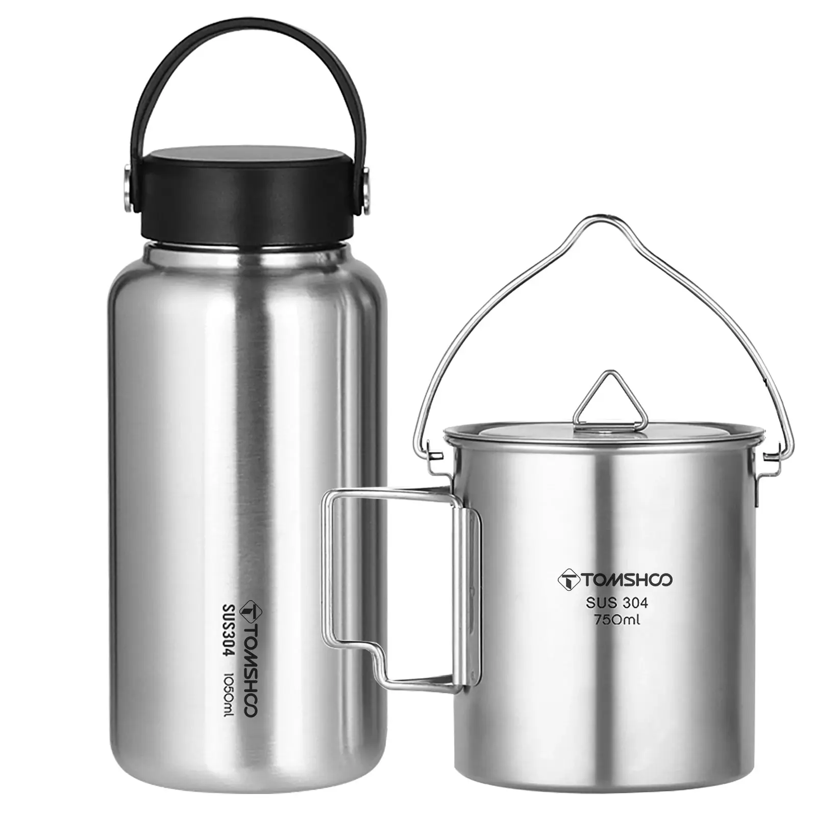 TOMSHOO 1.05L Stainless Steel Water Bottle Leak Proof Sports Bottle W 750ml Water Cup Coffee Mug Hanging Pot for Outdoor Camping